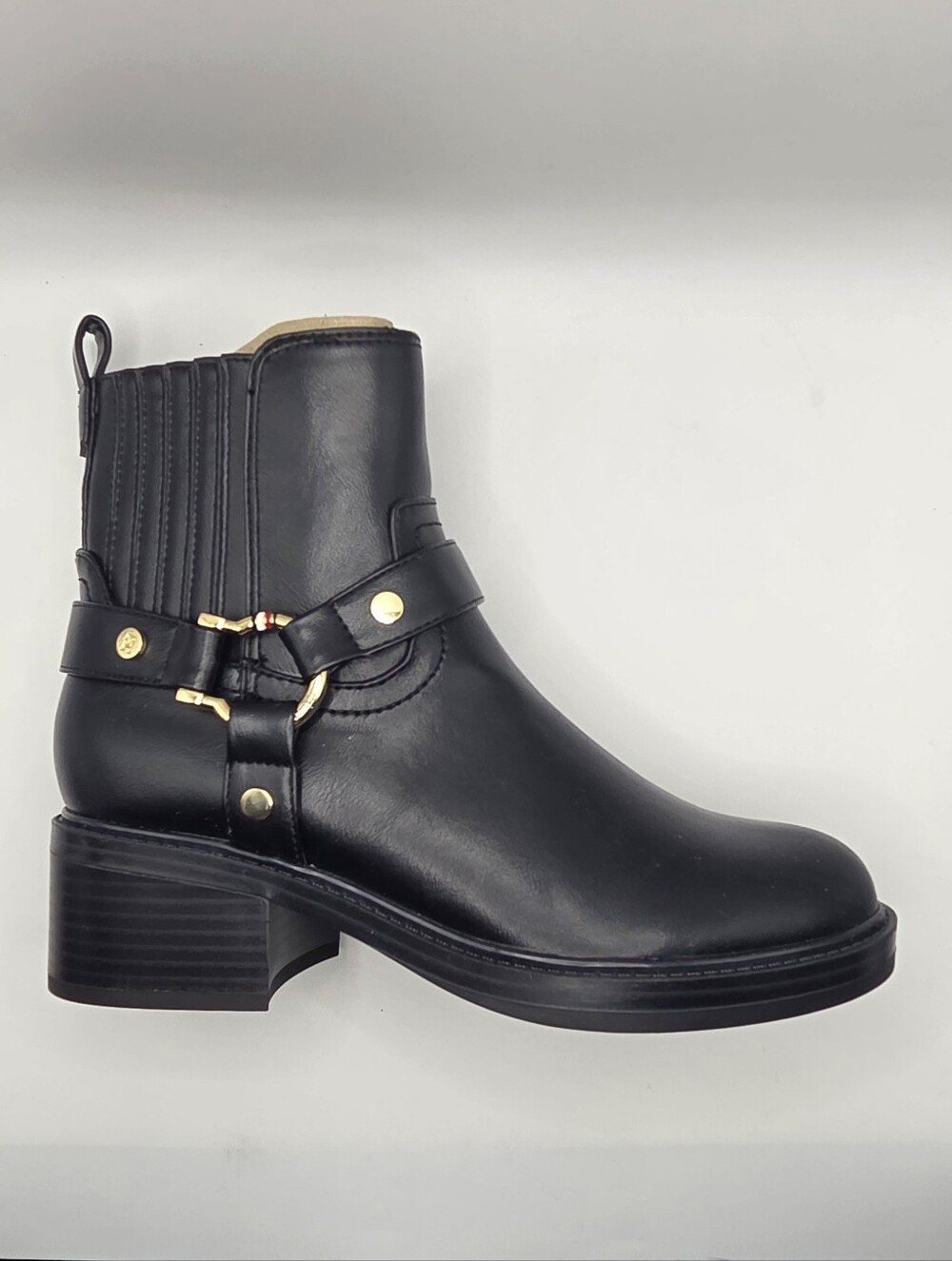 Tommy Hilfiger Women's Black Leather Ankle Boots with Gold Accent